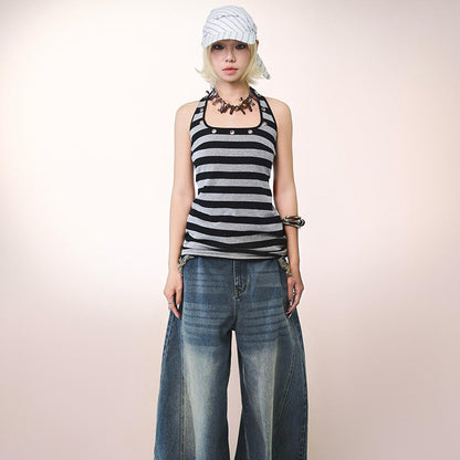 Hot Girl Comfortable Design Sense Striped Spaghetti Straps Female U Collar Sexy