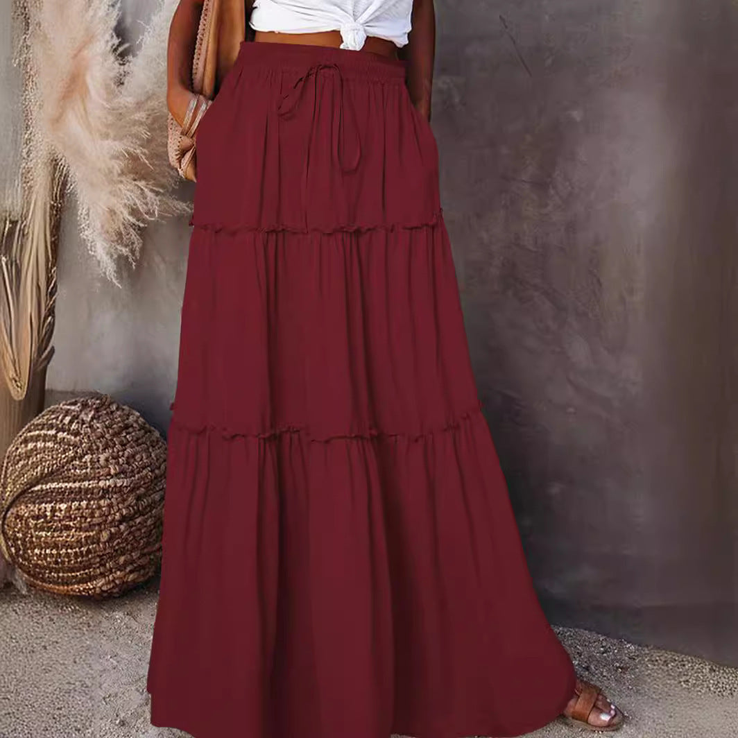 Women's Layered High Waist Elastic Lace-up Skirt With Wooden Ears - X2-Shopping