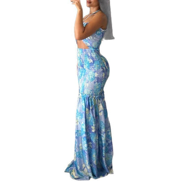 Halterneck Printed Pleated Dress Loose