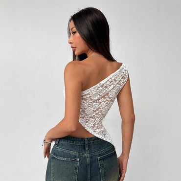 European And American Style Lace Midriff Outfit Hollow Out Asymmetric Shoulder Collar Special-interest Design Women's Top
