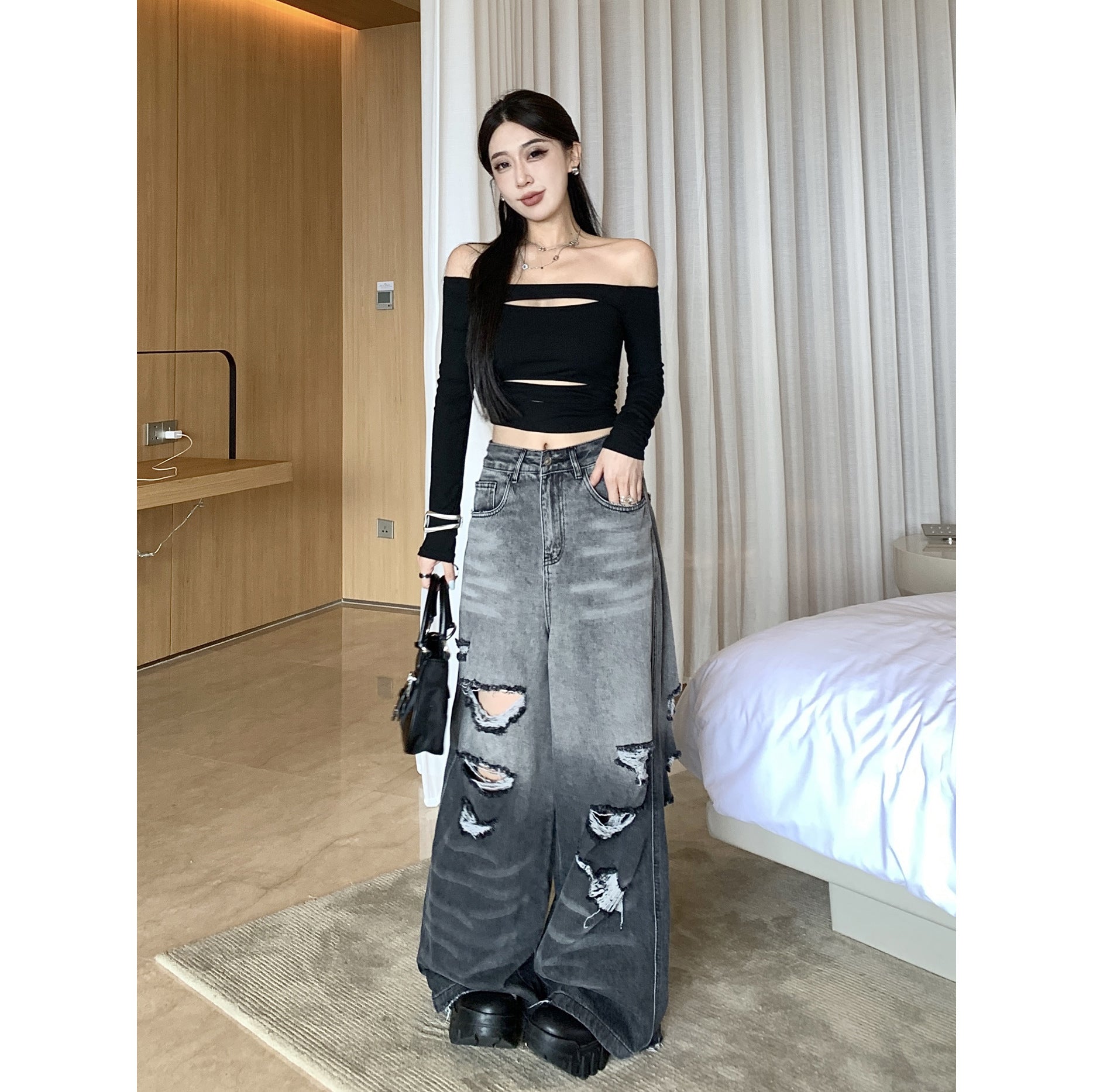 Gradient Color Big Ripped Hot Girl Wide Leg Jeans For Women - X2-Shopping