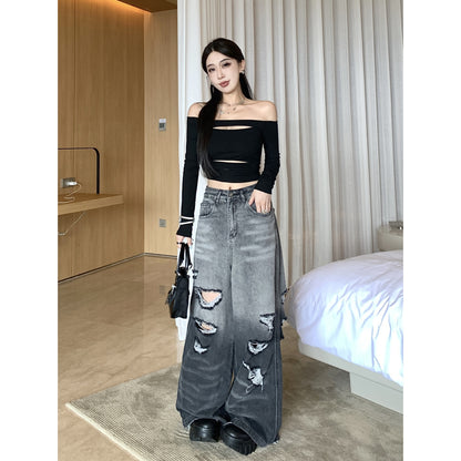 Gradient Color Big Ripped Hot Girl Wide Leg Jeans For Women - X2-Shopping