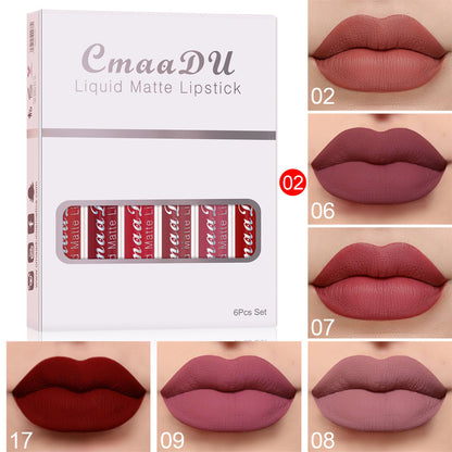 6 Boxen mit mattem, antihaftbeschichtetem, wasserfestem Lippenstift und lang anhaltendem Lipgloss