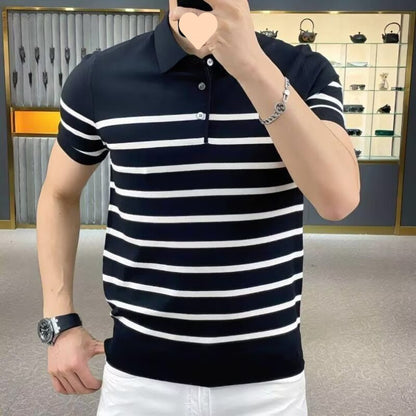 Lightly Mature Personality Striped Lapel Knitted T-shirt