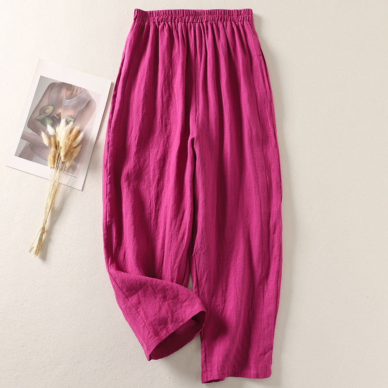 Cotton And Linen Casual Elastic Waist Loose Cropped Pants