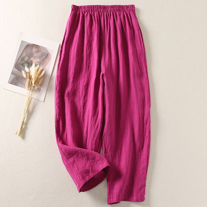 Cotton And Linen Casual Elastic Waist Loose Cropped Pants