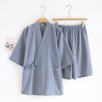 Gewaschener Pyjama-Anzug aus Baumwolle, dünn gestreift, japanischer Kimono-Hose für Herren und Damen, Homewear-Anzug