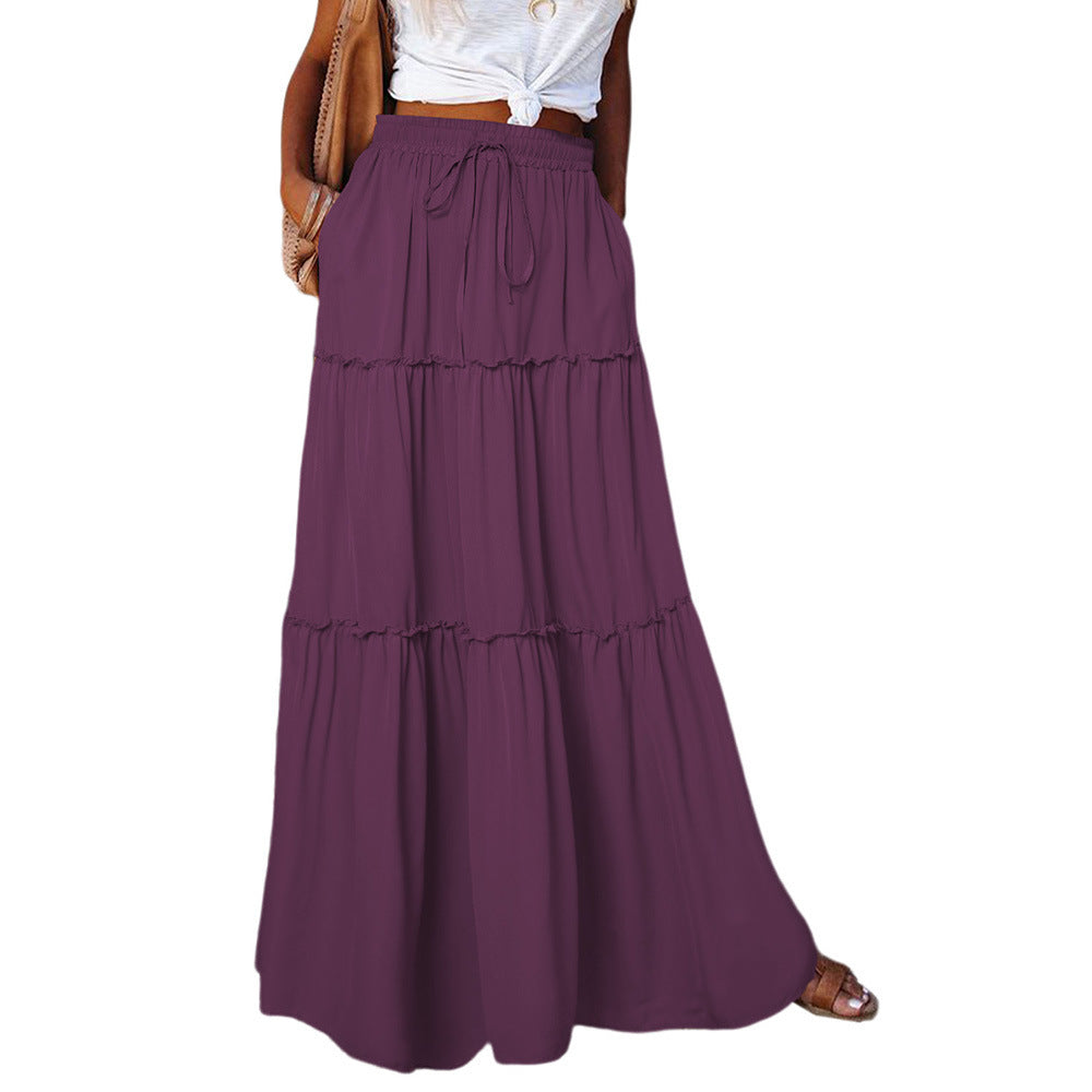 Women's Layered High Waist Elastic Lace-up Skirt With Wooden Ears - X2-Shopping