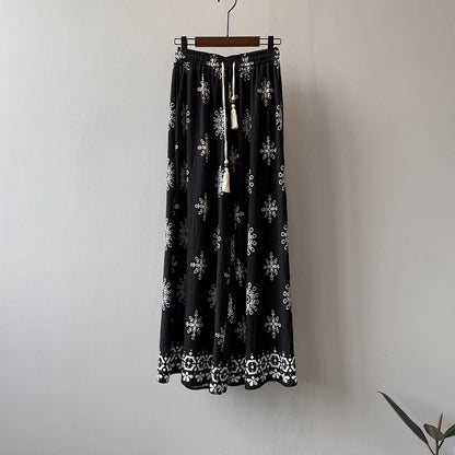 Women's Vintage Printed Drawstring Wide-leg Pants