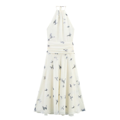 Backless Animal Print Hanging Collar Long Dress
