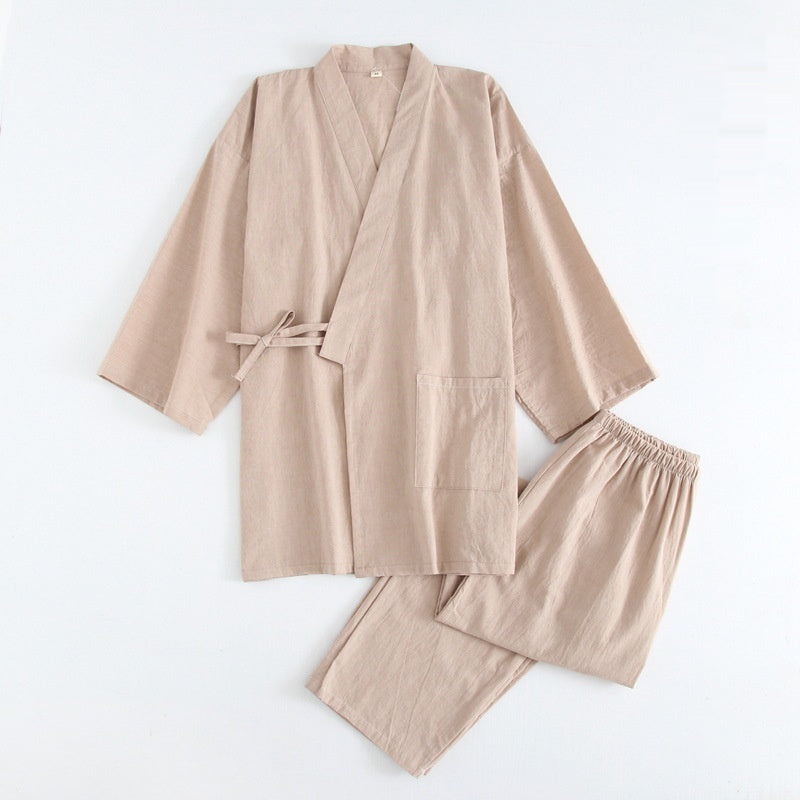 Gewaschener Pyjama-Anzug aus Baumwolle, dünn gestreift, japanischer Kimono-Hose für Herren und Damen, Homewear-Anzug