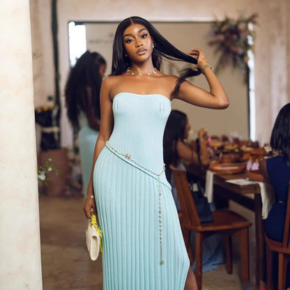 Fashion Tube Top Twisted Flower Split Long Dress