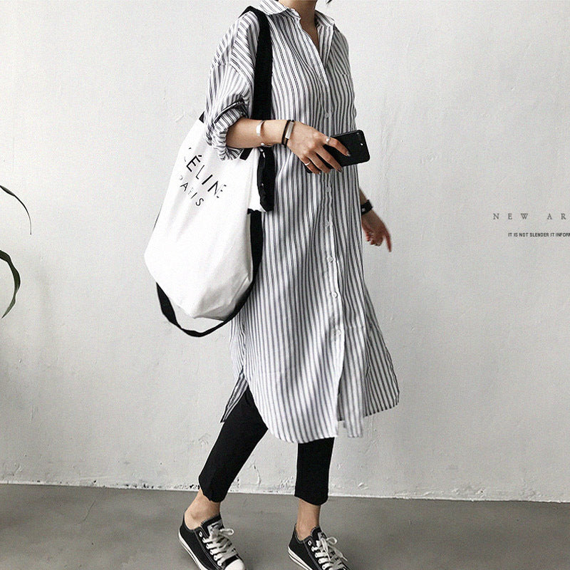 Early Autumn Lazy Cold Style Mid-length Striped Shirt - X2-Shopping