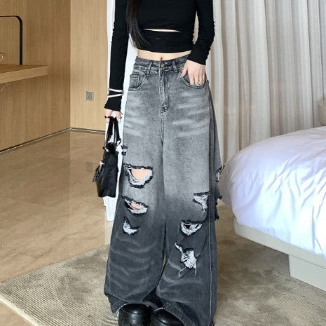 Gradient Color Big Ripped Hot Girl Wide Leg Jeans For Women - X2-Shopping