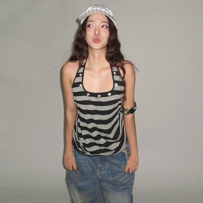 Hot Girl Comfortable Design Sense Striped Spaghetti Straps Female U Collar Sexy