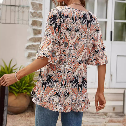 V-neck Printed T-shirt Casual Bell Sleeve Top - X2-Shopping