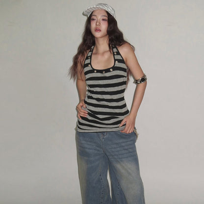 Hot Girl Comfortable Design Sense Striped Spaghetti Straps Female U Collar Sexy