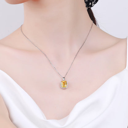 S925 Sterling Silver Princess Square Yellow Diamond Necklace Earrings