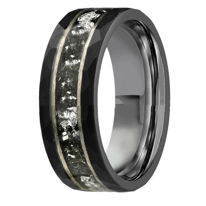 8mm Electric Black Hammer Pattern Tungsten Ring Steel Color Inner Step Inlaid Iron Chips Silver Foil