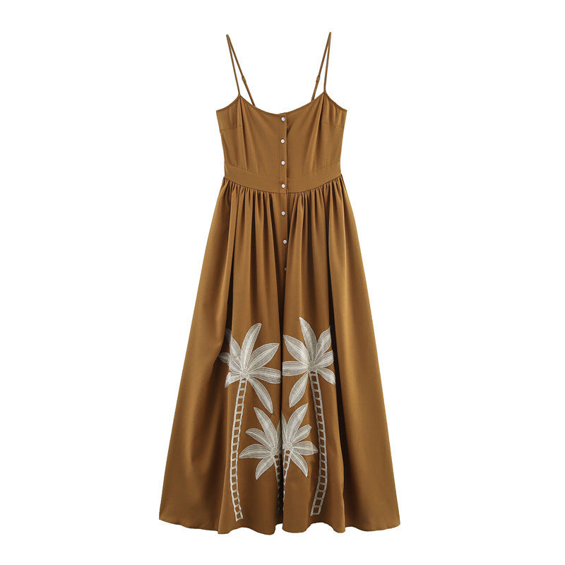 Vacation Style Coconut Tree Embroidered Suspender Skirt