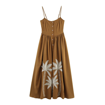 Vacation Style Coconut Tree Embroidered Suspender Skirt