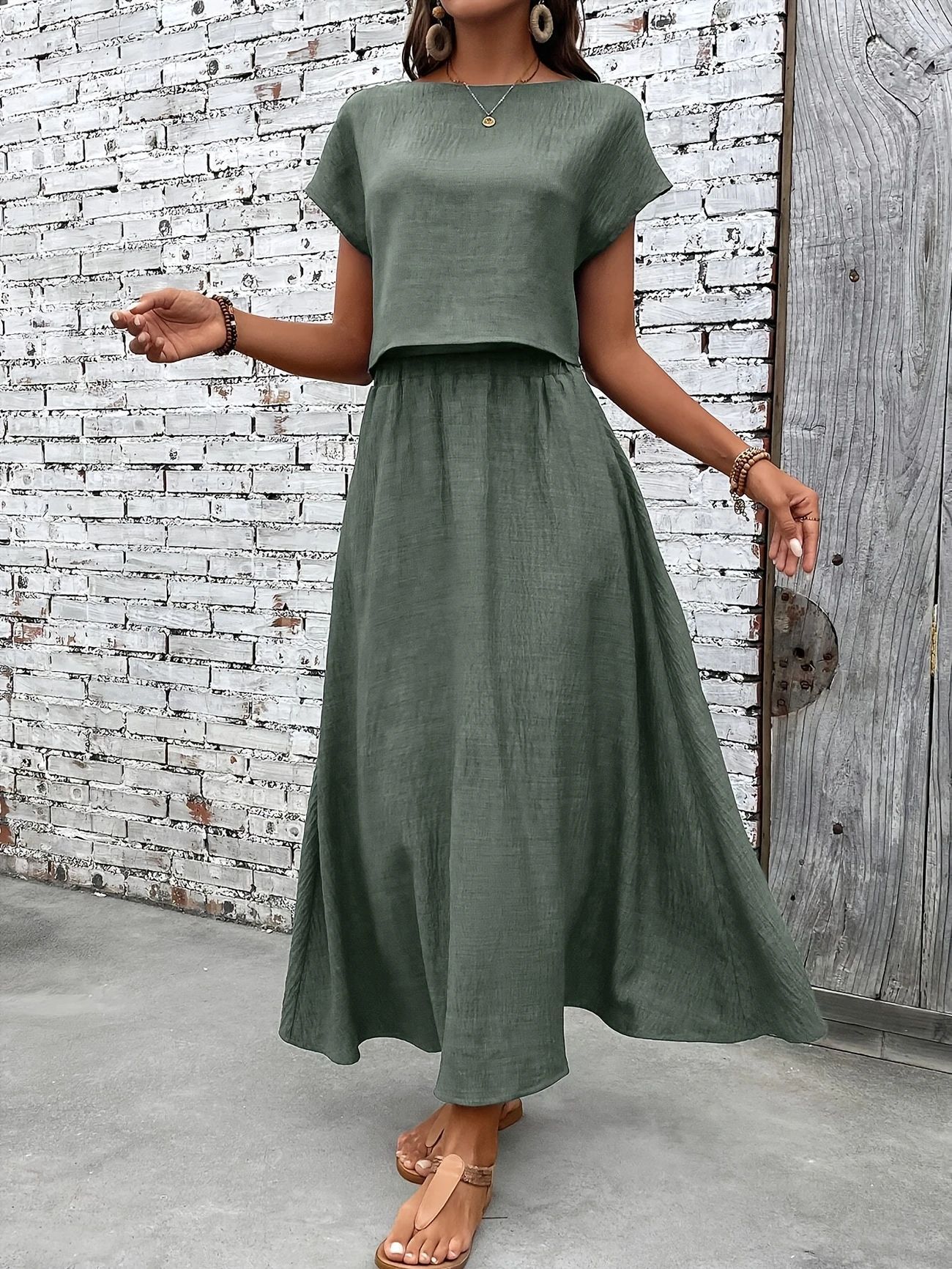 2 Piece Set Women's Solid Color Short Sleeve Top And Casual A- Line Dress Suit - X2-Shopping