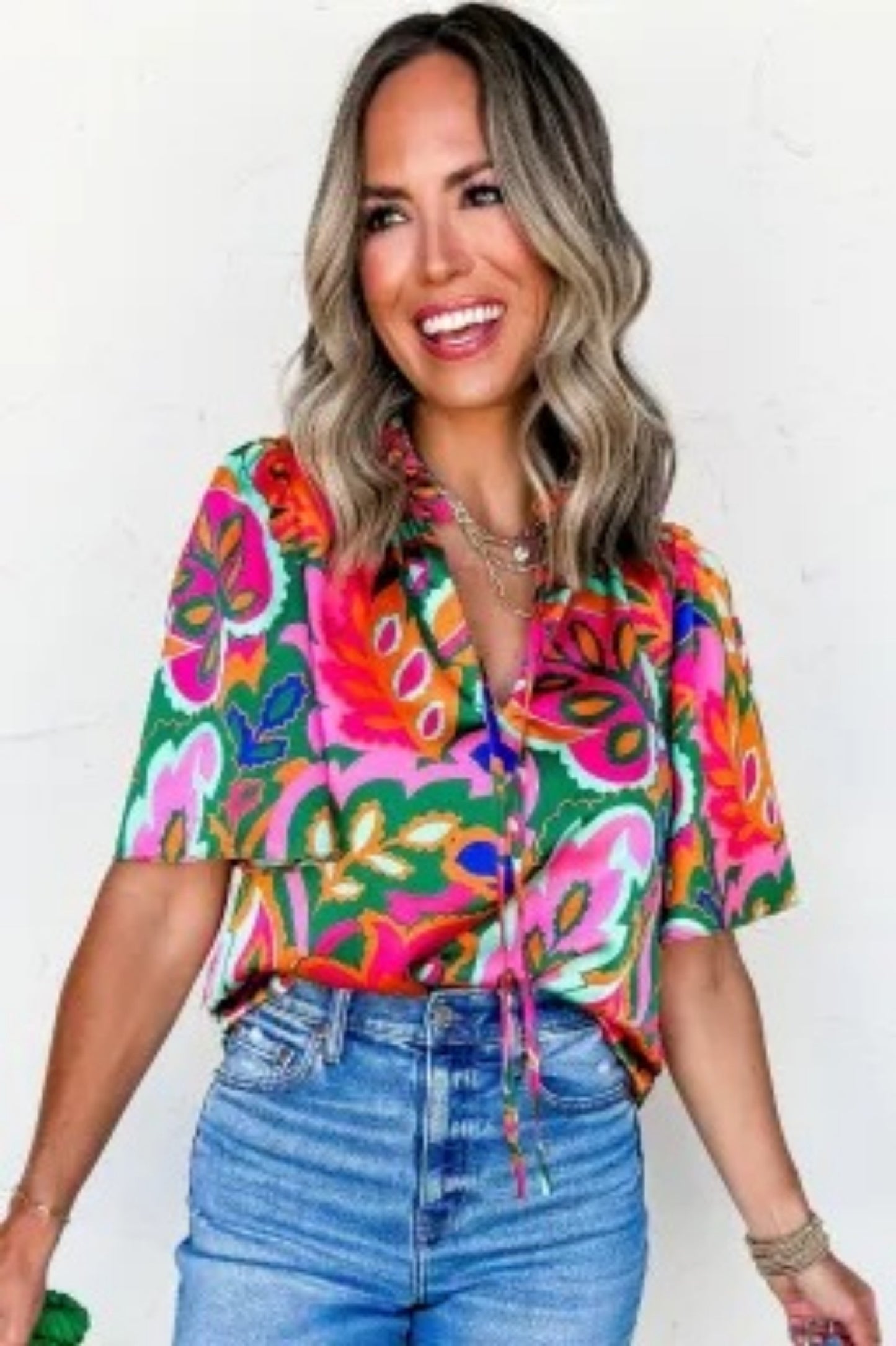 Rose Summer Plant Print Lace Up V Neck Short Sleeve Blouse