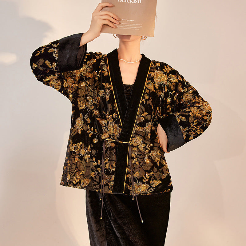 Heavy Industry Burnt Flower Embroidered Beads Cardigan National Style High Class Elegant V-neck Light Luxury Coat - X2-Shopping