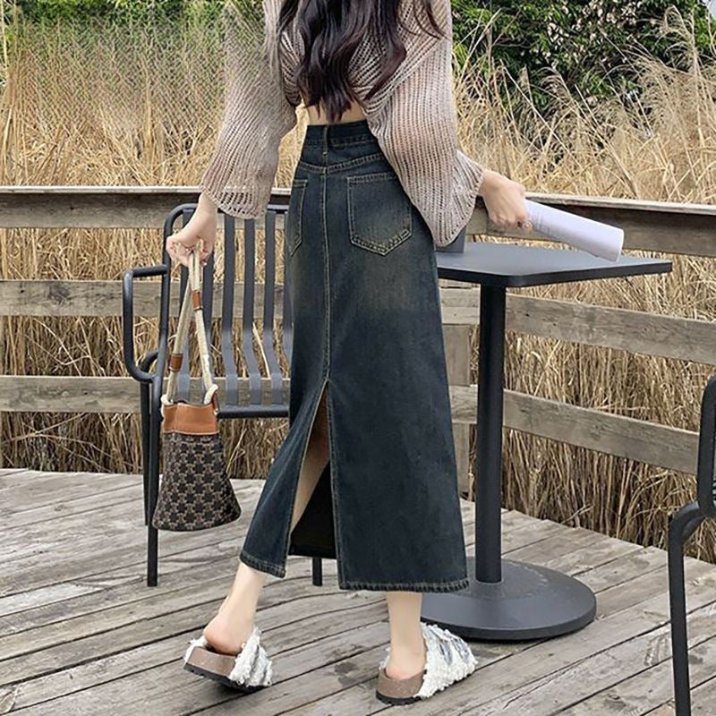 Three-quarter Petite Retro Denim Skirt For Women, Trendy And Versatile, New Style, High-waisted, Hip Skirt