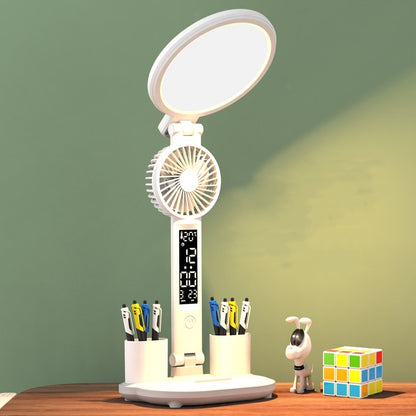 LED-Uhr-Tischlampe, USB-aufladbare, dimmbare Schreibtischlampe, Plug-in-LED-Ventilatorlicht, faltbares Augenschutz-Lese-Nachtlicht