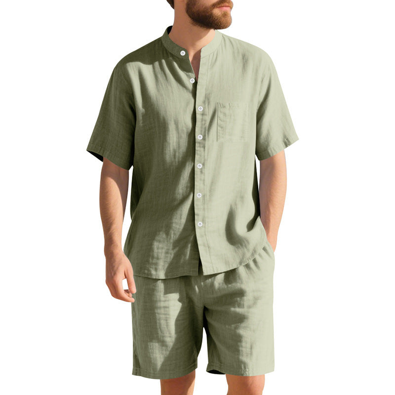 American Linen Suit Men's Summer Two-piece Suit Henry Collar Beach