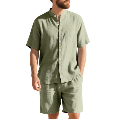 American Linen Suit Men's Summer Two-piece Suit Henry Collar Beach