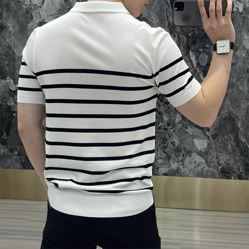 Lightly Mature Personality Striped Lapel Knitted T-shirt
