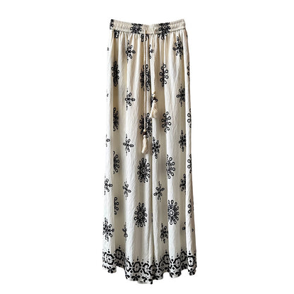 Women's Vintage Printed Drawstring Wide-leg Pants