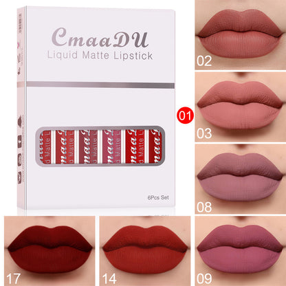 6 Boxen mit mattem, antihaftbeschichtetem, wasserfestem Lippenstift und lang anhaltendem Lipgloss