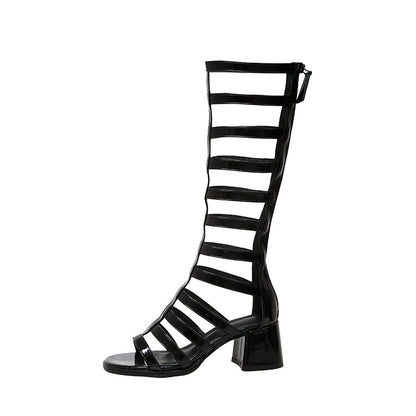 High Hollow-out Round Toe Sandal Boots Chunky Heel High Leg-length Roman Women's Boots