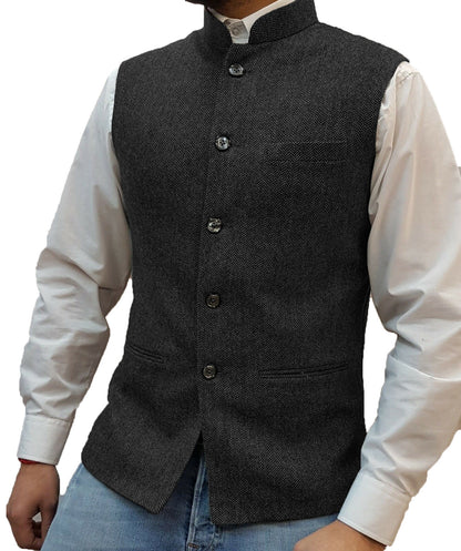 Zhongshan Collar Herringbone Pattern Vest Man