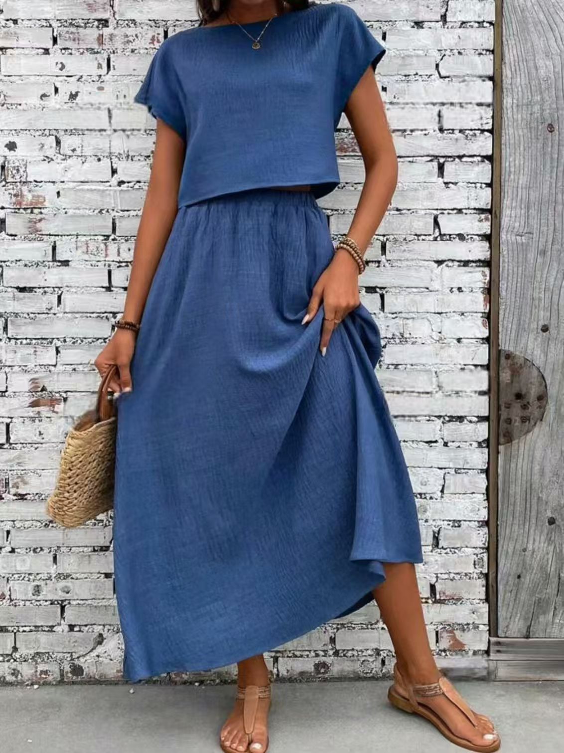 2 Piece Set Women's Solid Color Short Sleeve Top And Casual A- Line Dress Suit - X2-Shopping
