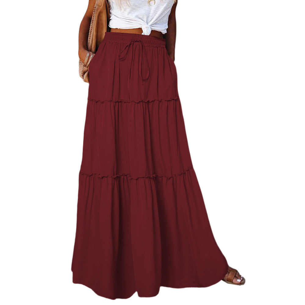 Women's Layered High Waist Elastic Lace-up Skirt With Wooden Ears - X2-Shopping