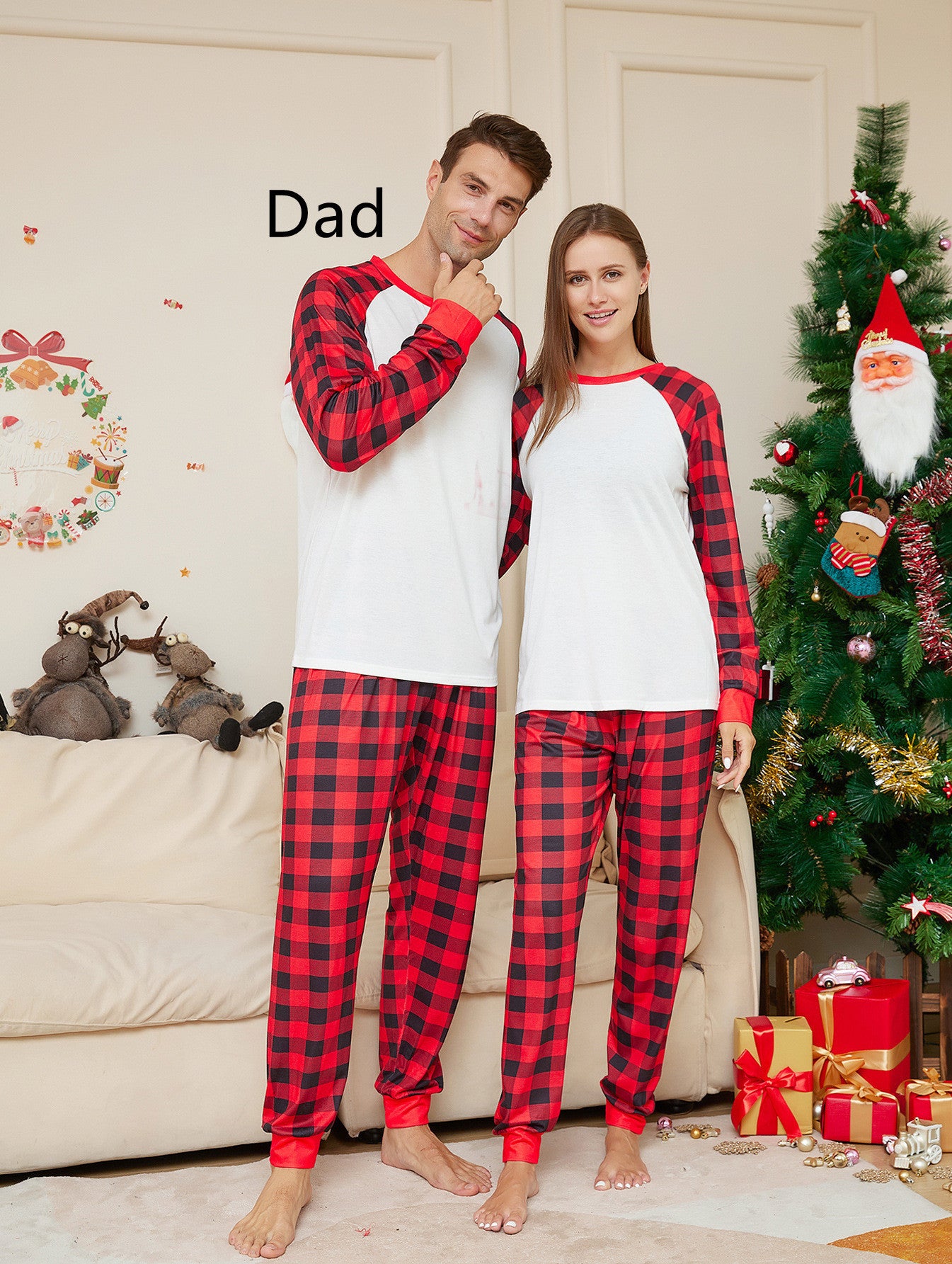Christmas Solid Color Plaid Printed Christmas Parent-child Homewear Suits - X2-Shopping