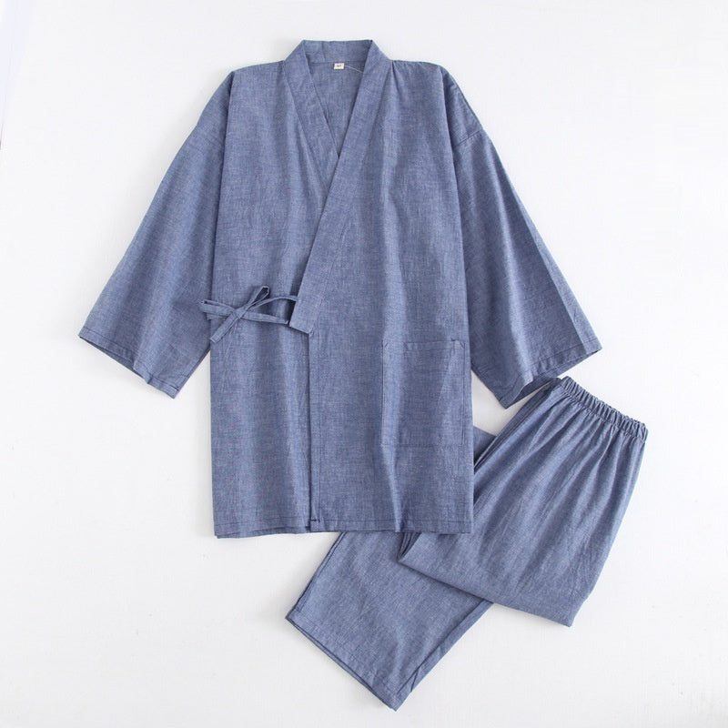 Gewaschener Pyjama-Anzug aus Baumwolle, dünn gestreift, japanischer Kimono-Hose für Herren und Damen, Homewear-Anzug