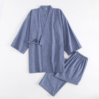 Gewaschener Pyjama-Anzug aus Baumwolle, dünn gestreift, japanischer Kimono-Hose für Herren und Damen, Homewear-Anzug