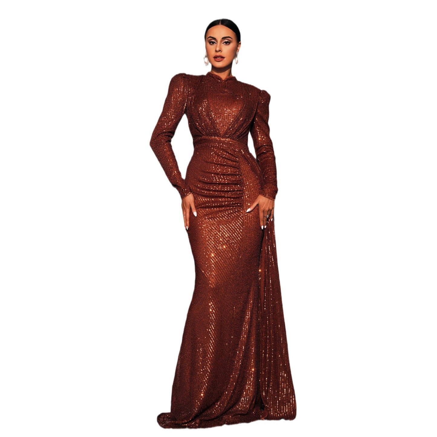 Long Sleeve Round Neck Sexy Slim Long Sequined Banquet Dress - X2-Shopping