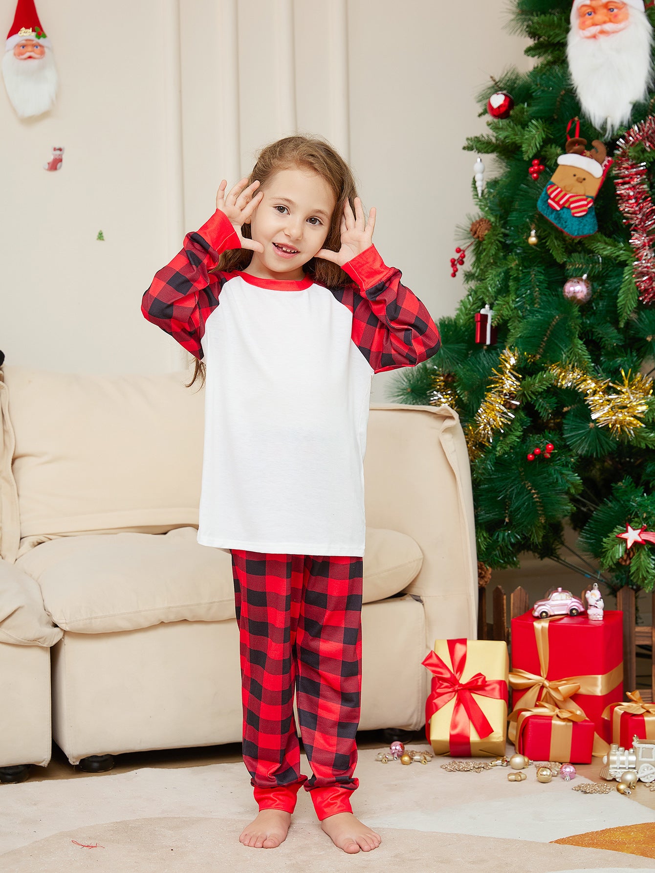 Christmas Solid Color Plaid Printed Christmas Parent-child Homewear Suits - X2-Shopping