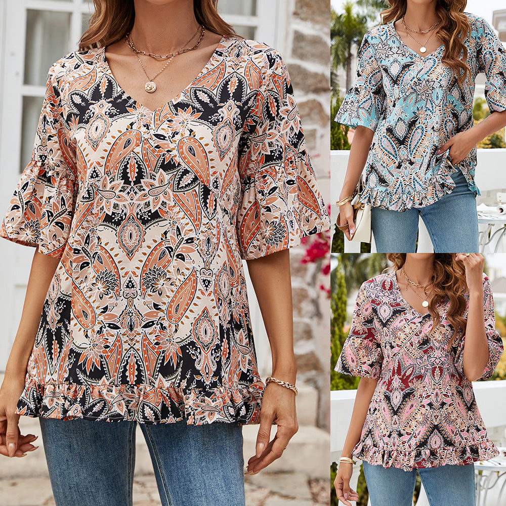 V-neck Printed T-shirt Casual Bell Sleeve Top - X2-Shopping