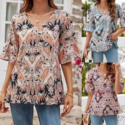 V-neck Printed T-shirt Casual Bell Sleeve Top - X2-Shopping