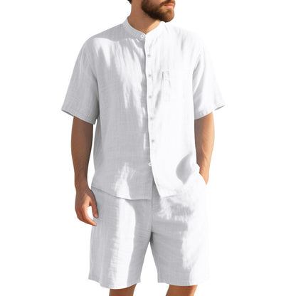 American Linen Suit Men's Summer Two-piece Suit Henry Collar Beach