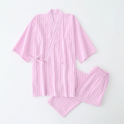 Gewaschener Pyjama-Anzug aus Baumwolle, dünn gestreift, japanischer Kimono-Hose für Herren und Damen, Homewear-Anzug