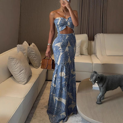 Halterneck Printed Pleated Dress Loose