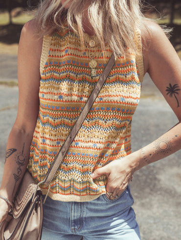 Brown Stripe Eyelet Crochet Round Neck Sweater Vest